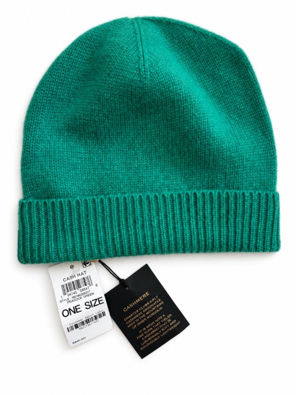 Charter Club Cash Hat 100% Cashmere Beanie Peacock Green